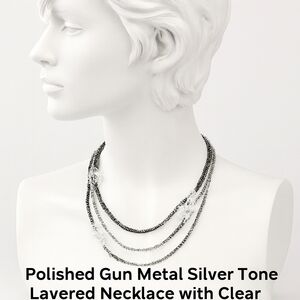 BALLET, Multi Strand Silver Gunmetal Long  Necklace with Clear Beads 34" Jewelry